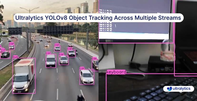 Two video streams with YOLOv8 bounding boxes: cars and a bus labeled on a highway, and a keyboard and monitor labeled on a desk