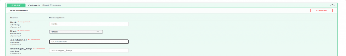 Swagger UI for the POST /start endpoint with required link, live, container and storage_key query parameters for starting a stream-processing job