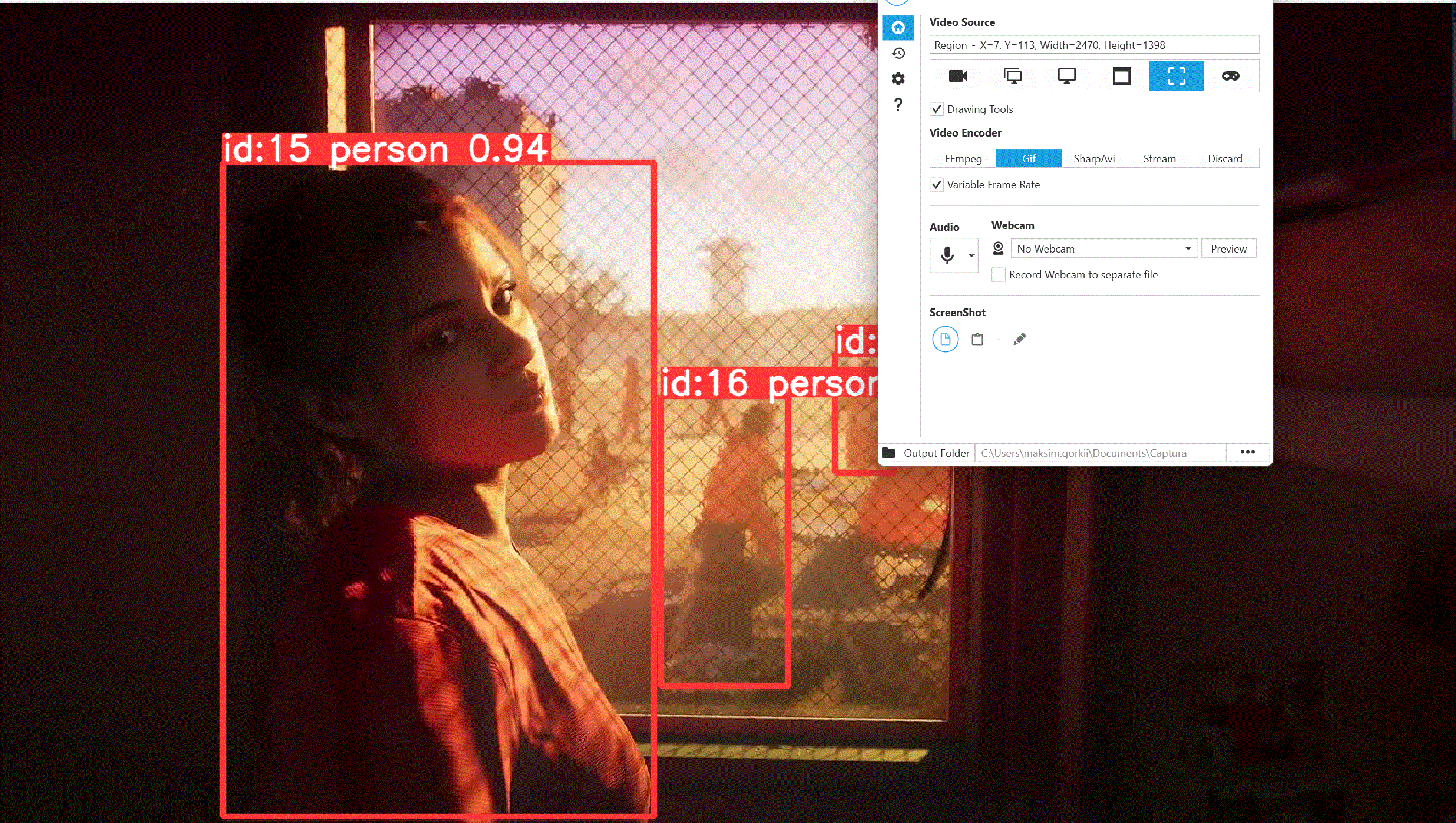 GTA 6 trailer clip with YOLOv8 bounding boxes tracking the main characters, labeled person with confidence scores around 0.93 to 0.96