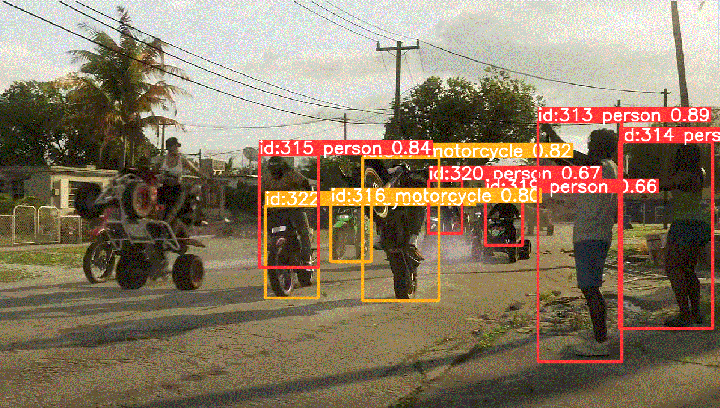 GTA 6 trailer street scene where YOLOv8 detects riders doing wheelies, boxing motorcycles and people with IDs and confidence scores