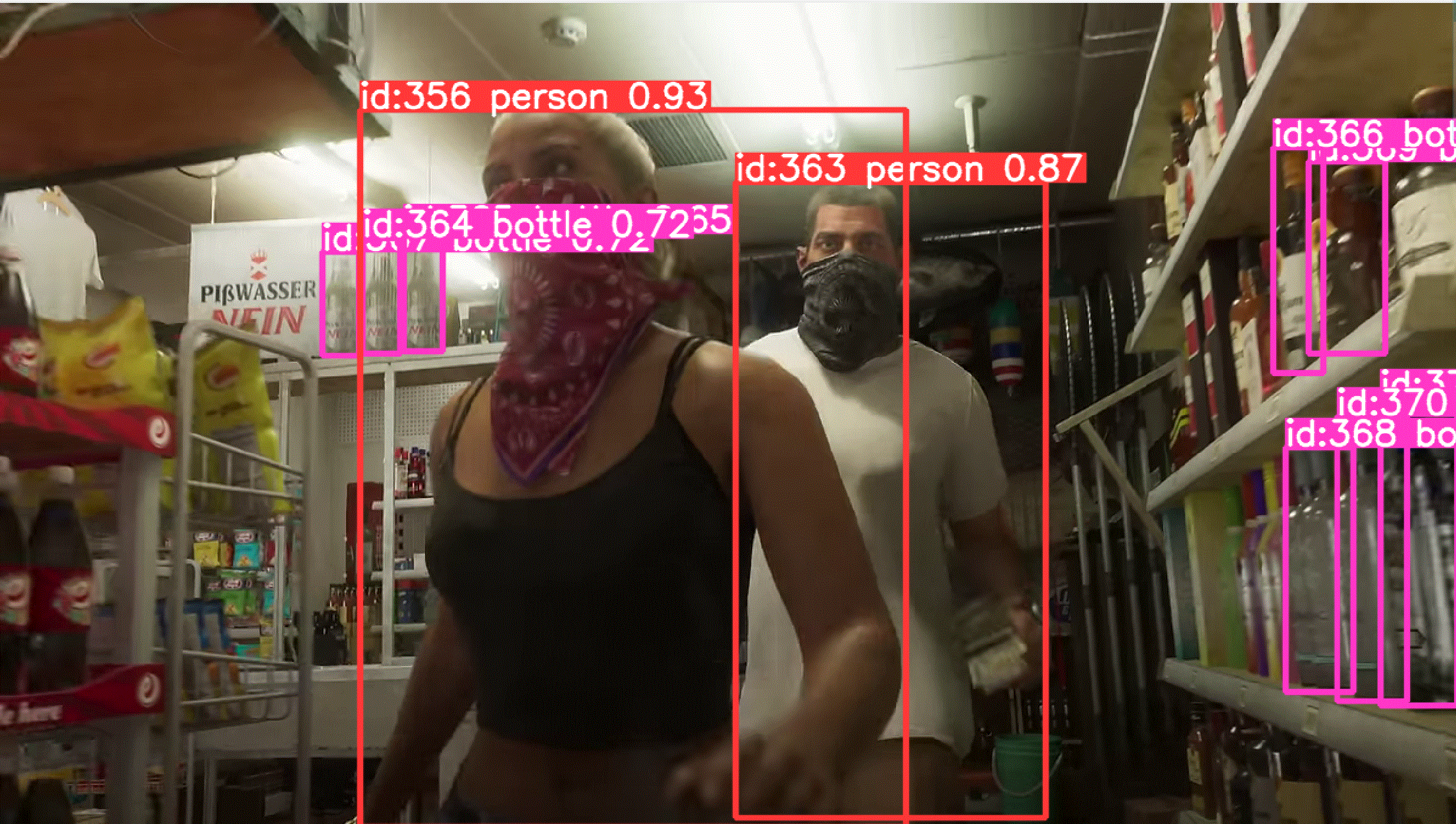 GTA 6 trailer shop robbery scene where YOLOv8 detects two masked people and many small bottles on the store shelves