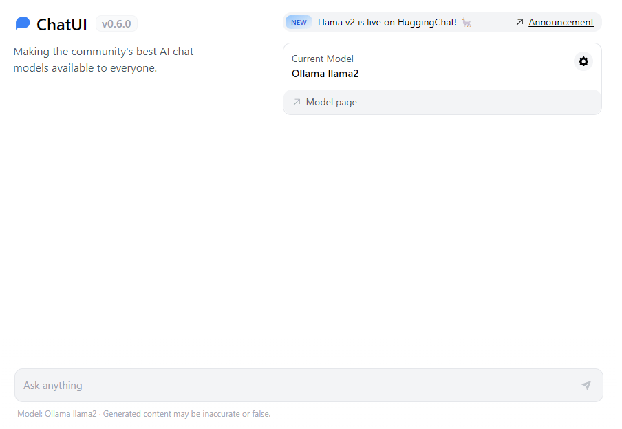 Hugging Face Chat UI v0.6.0 home screen with Ollama llama2 selected as the current model and an empty Ask anything box