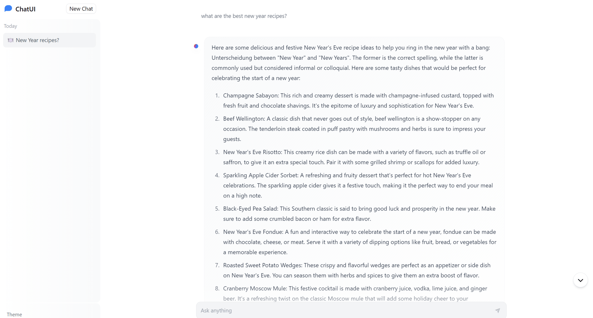 Chat UI answering what are the best new year recipes? with a numbered list of dishes such as Champagne Sabayon and Beef Wellington, generated on CPU only