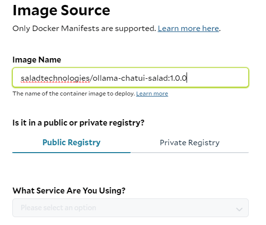 SaladCloud container setup Image Source step with the public image saladtechnologies/ollama-chatui-salad:1.0.0 entered
