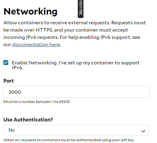 SaladCloud Networking settings with networking enabled, port set to 3000 and authentication turned off