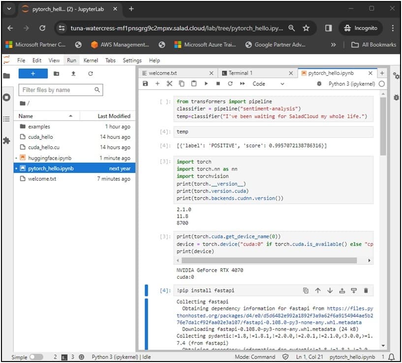 JupyterLab notebook running a Hugging Face sentiment pipeline, printing PyTorch 2.1.0 with CUDA 11.8, detecting an NVIDIA GeForce RTX 4070, and installing fastapi with pip