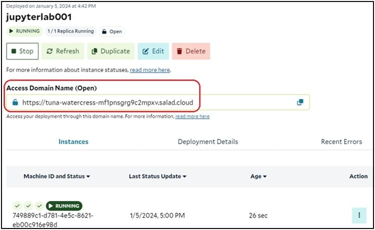 SaladCloud portal showing the running jupyterlab001 container group with its Access Domain Name highlighted and one instance running