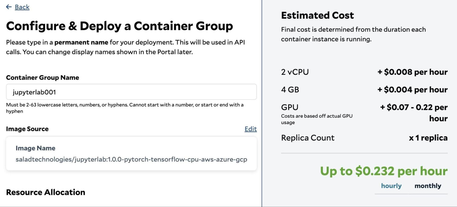 SaladCloud portal Configure & Deploy page for container group jupyterlab001 using the saladtechnologies/jupyterlab image, with an estimated cost of up to $0.232 per hour