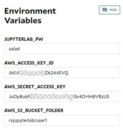 SaladCloud portal environment variables for the deployment: JUPYTERLAB_PW, AWS_ACCESS_KEY_ID, AWS_SECRET_ACCESS_KEY and AWS_S3_BUCKET_FOLDER