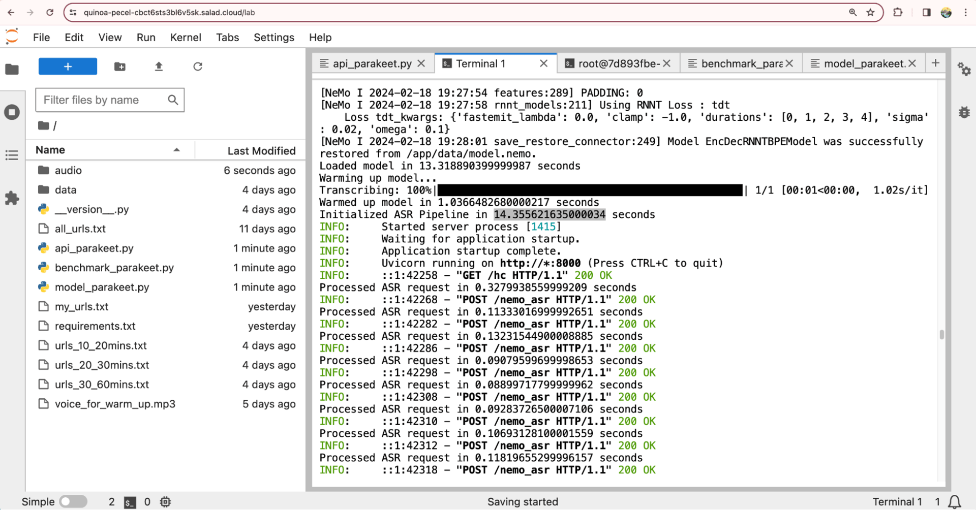 JupyterLab terminal on SaladCloud showing the Parakeet model loading, the ASR pipeline initializing in about 14 seconds, and POST /nemo_asr requests each processed in about 0.1 seconds