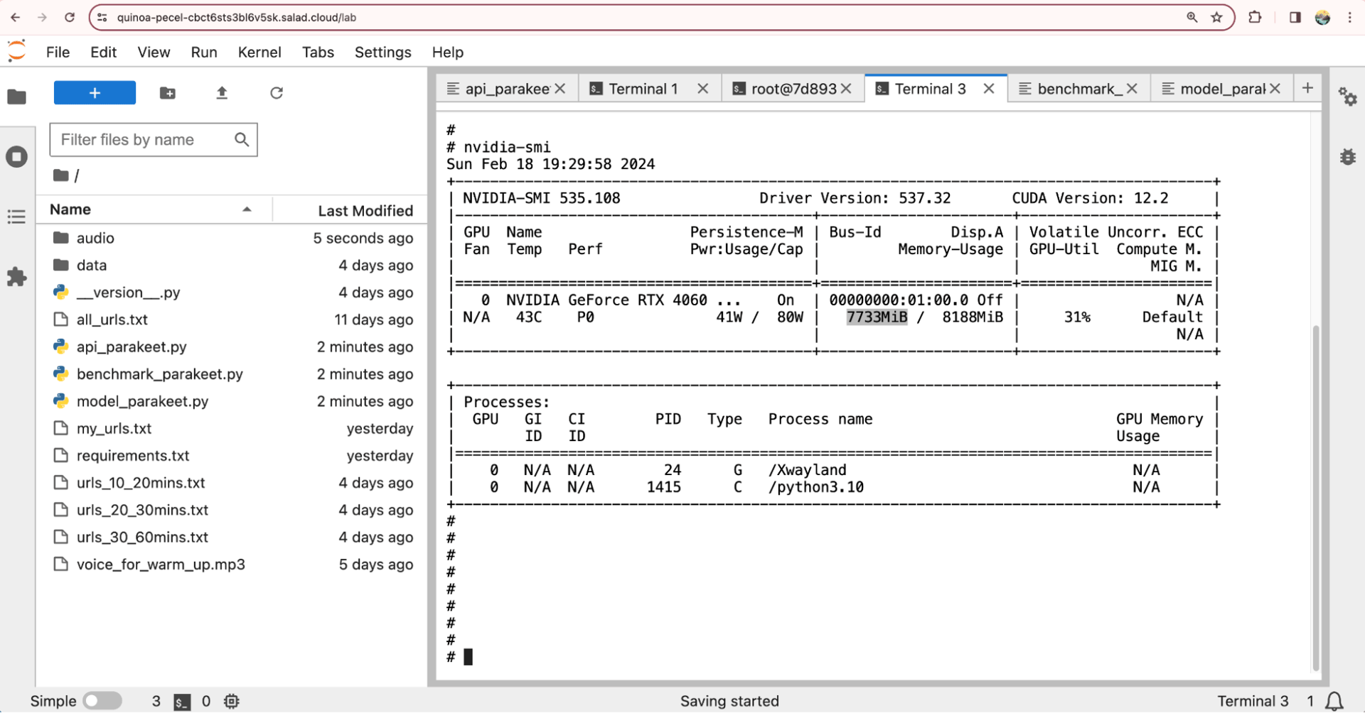 JupyterLab terminal showing nvidia-smi on an RTX 4060 with 7733 of 8188 MiB of GPU memory in use during the test