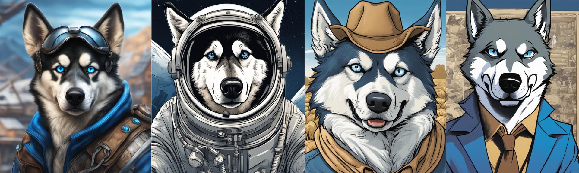 Four SDXL outputs of the same fine-tuned husky: in aviator goggles and a jacket, in a space helmet, in a cowboy hat, and in a suit and tie