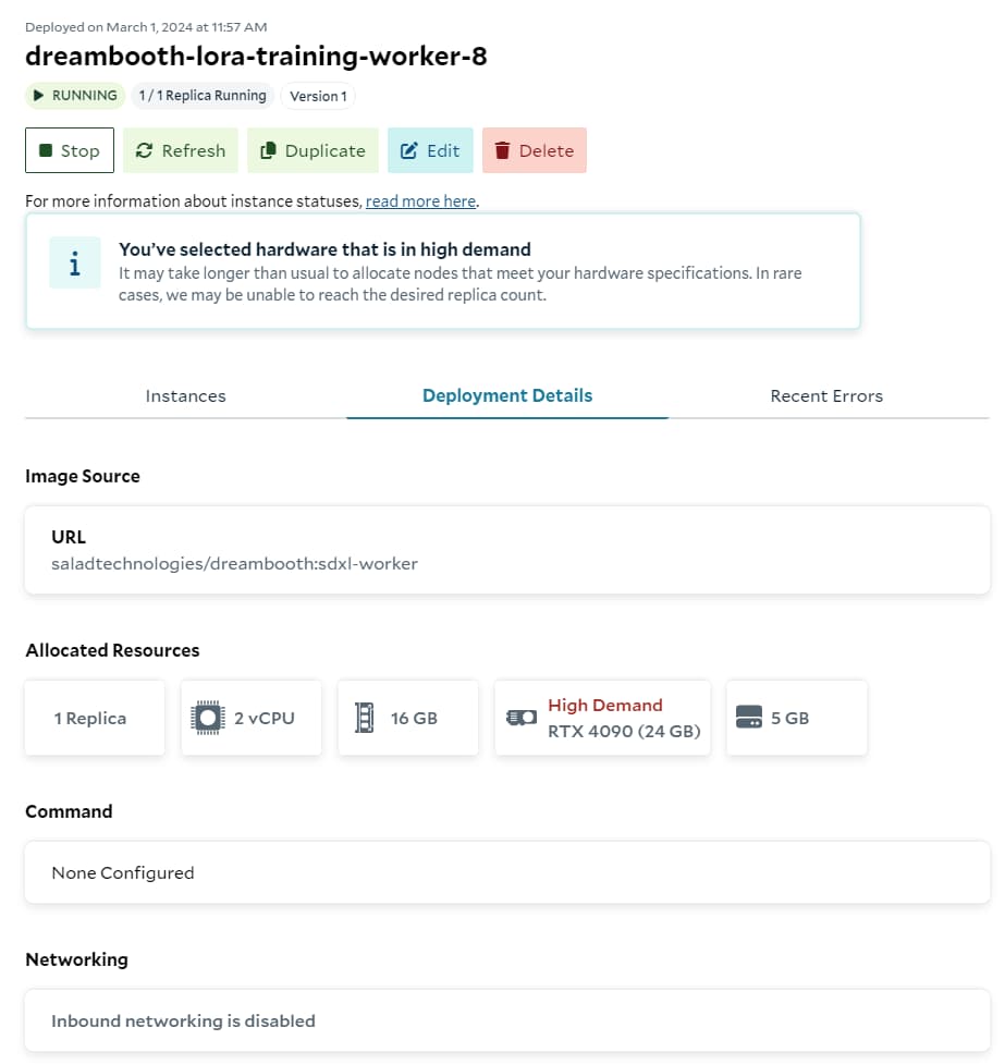SaladCloud portal details for the dreambooth-lora-training-worker-8 container group: image saladtechnologies/dreambooth:sdxl-worker, 2 vCPU, 16 GB RAM, RTX 4090, inbound networking disabled