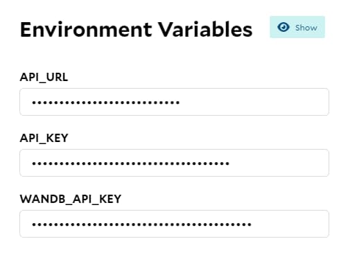 SaladCloud portal environment variables for the worker: API_URL, API_KEY and WANDB_API_KEY, with values hidden