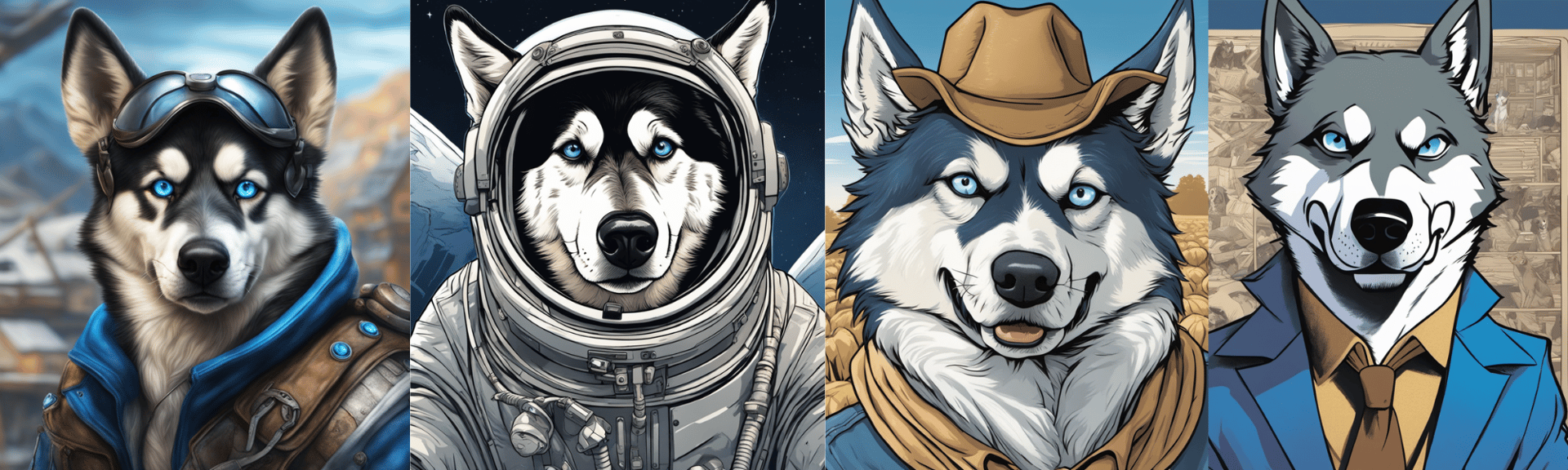 Four illustrated portraits generated by the fine-tuned SDXL model, each keeping Timber's blue eyes and markings: in aviator goggles, a space helmet, a cowboy hat, and a suit and tie