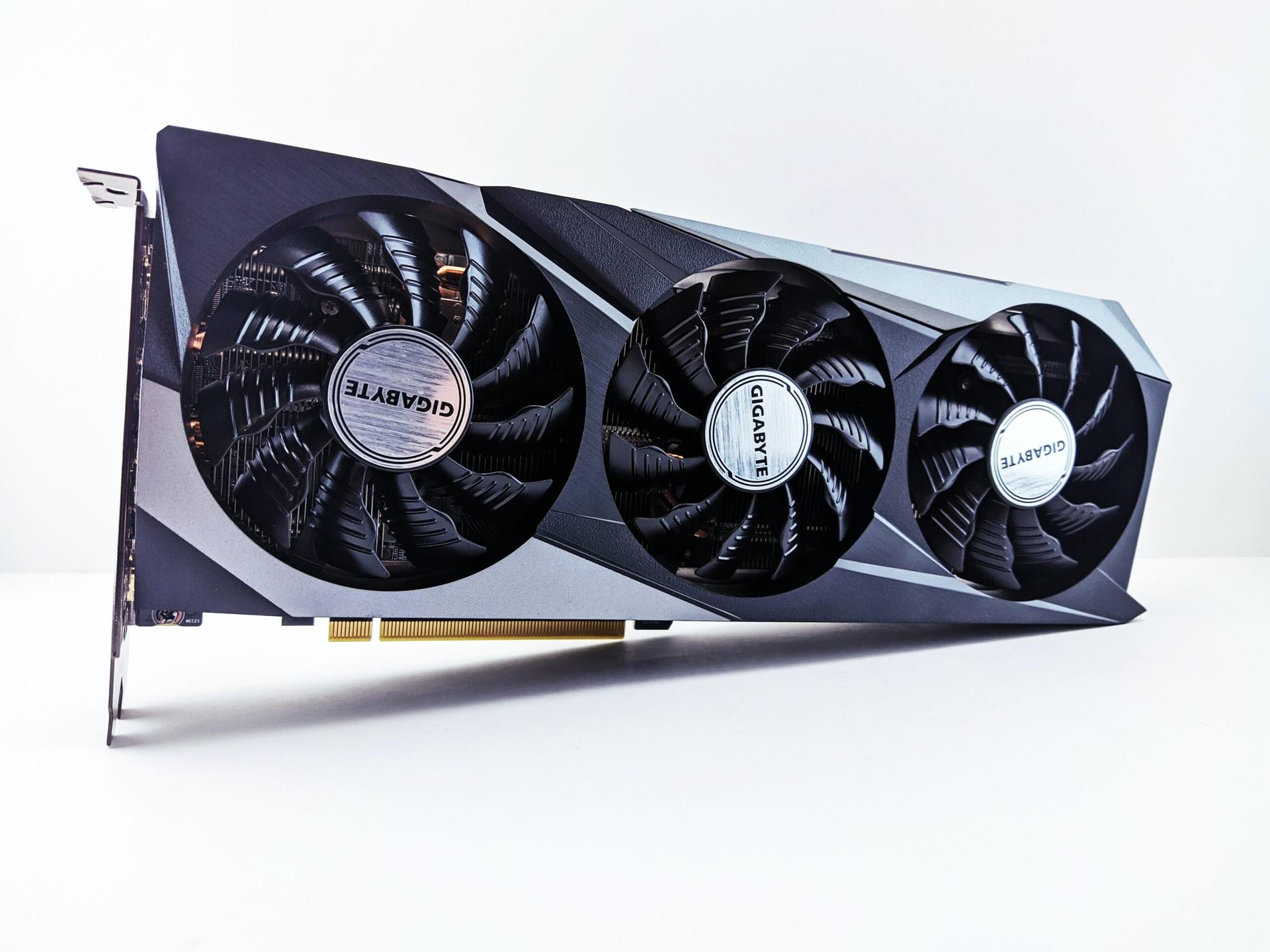 Consumer Gigabyte graphics card with three cooling fans on a white background
