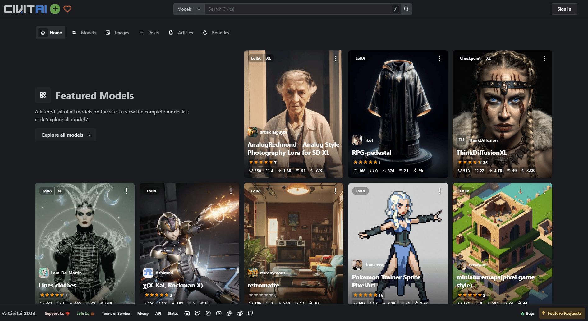 Civitai home page in dark mode, showing a Featured Models grid of community LoRAs and checkpoints with ratings and download counts