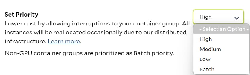 SaladCloud portal Set Priority dropdown open with the options High, Medium, Low and Batch