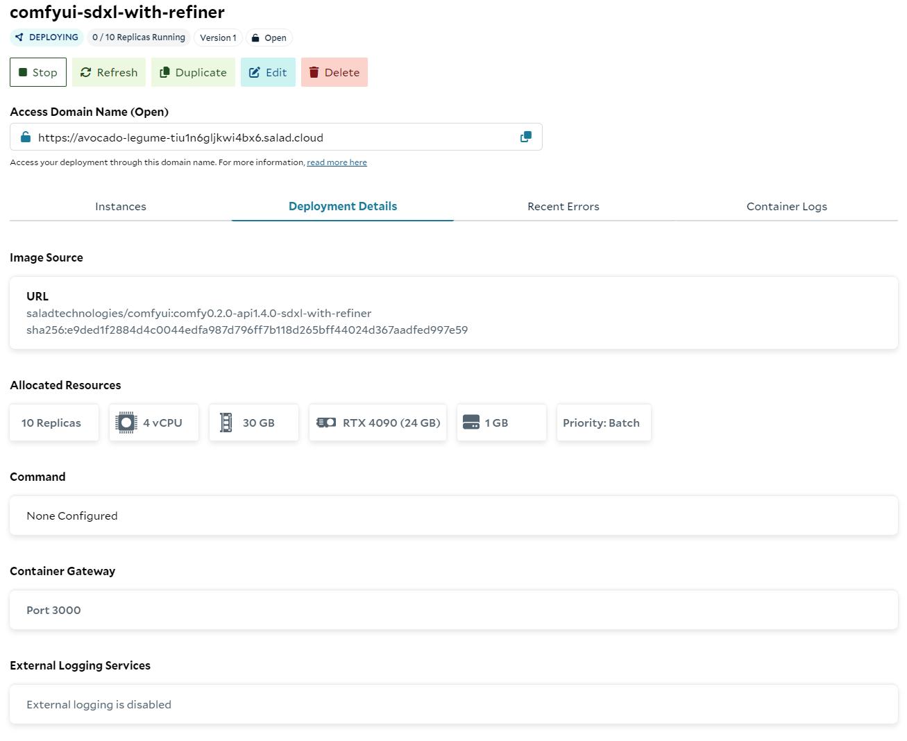 SaladCloud portal deployment details for comfyui-sdxl-with-refiner, showing Deploying with 0 of 10 replicas running, each with 4 vCPU, 30 GB RAM and an RTX 4090 at batch priority