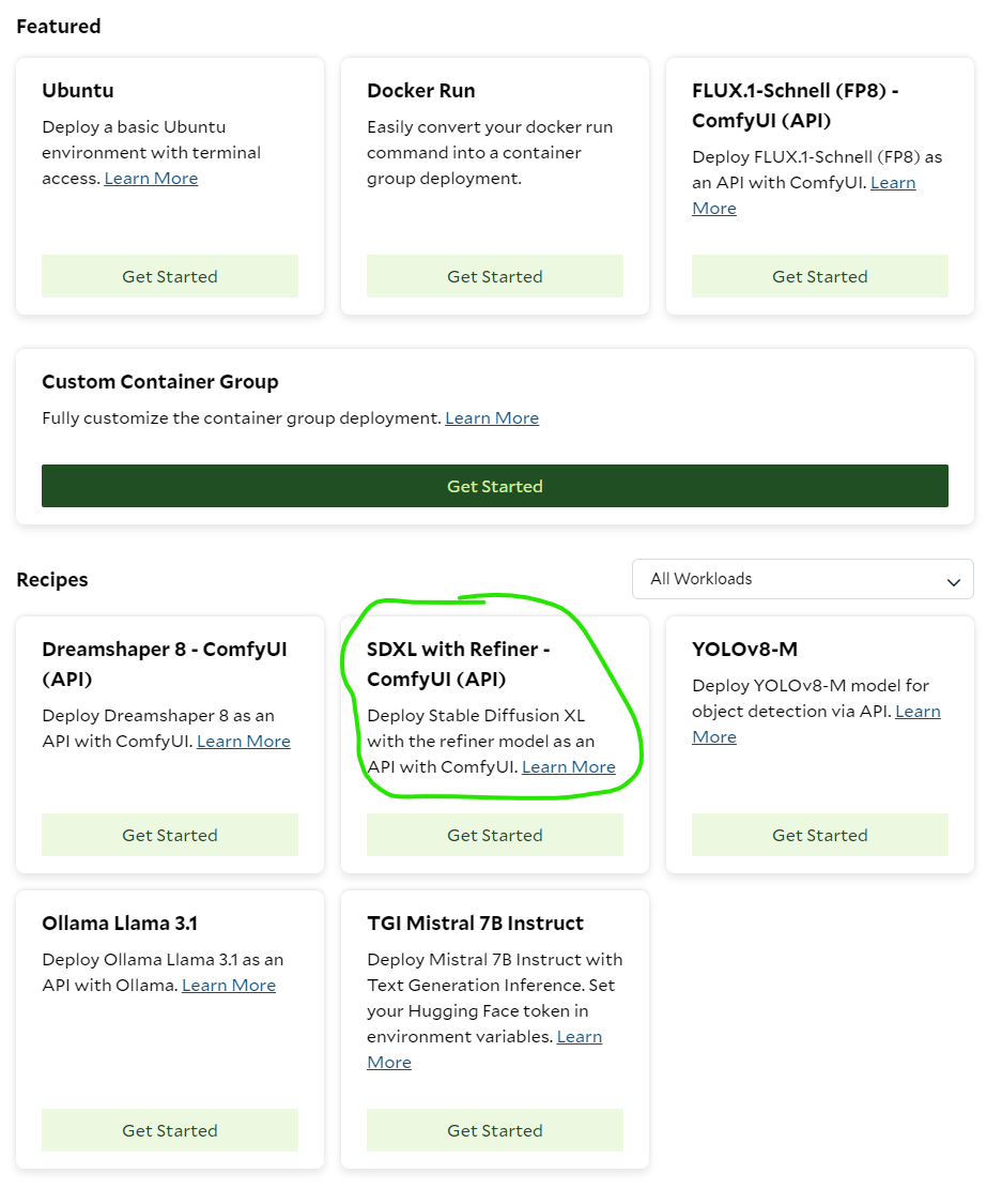 SaladCloud portal recipe list with the SDXL with Refiner - ComfyUI (API) recipe circled in green