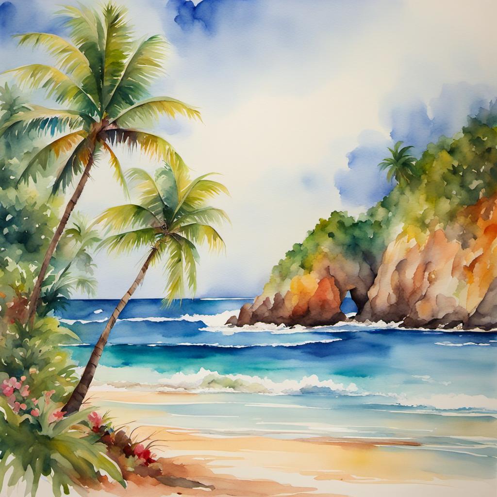 SDXL output for the prompt vivid watercolor painting of a tropical beach: palm trees on the left, rocky cliffs on the right, and blue surf