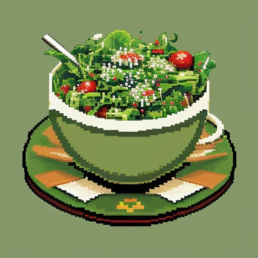 Pixel-art bowl of leafy salad with tomatoes on a green plate, generated from the benchmark prompt 8-bit video game art of a salad