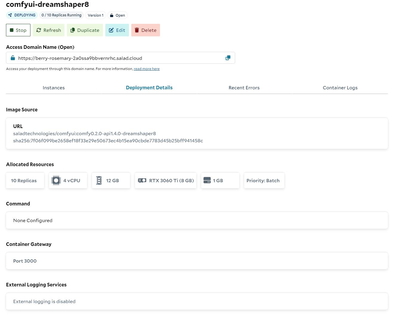 SaladCloud portal showing the comfyui-dreamshaper8 container group deploying with 0/10 replicas running on RTX 3060 Ti, 4 vCPU, 12 GB RAM, batch priority