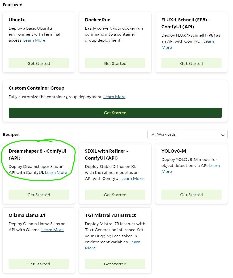 SaladCloud portal recipe list with the Dreamshaper 8 - ComfyUI (API) recipe circled, alongside SDXL with Refiner, YOLOv8-M, and others