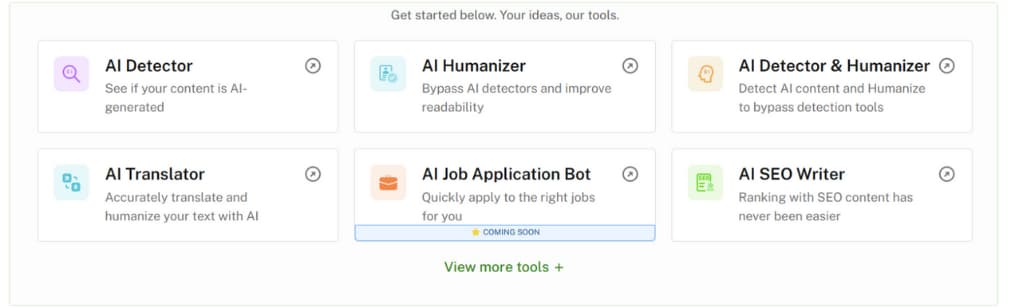 Undetectable.ai tool menu with cards for AI Detector, AI Humanizer, AI Detector and Humanizer, AI Translator, AI SEO Writer, and a coming-soon AI Job Application Bot