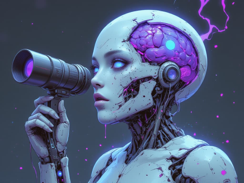 AI-generated illustration of a pale cyborg with a glowing purple exposed brain, holding a camera lens up to one eye