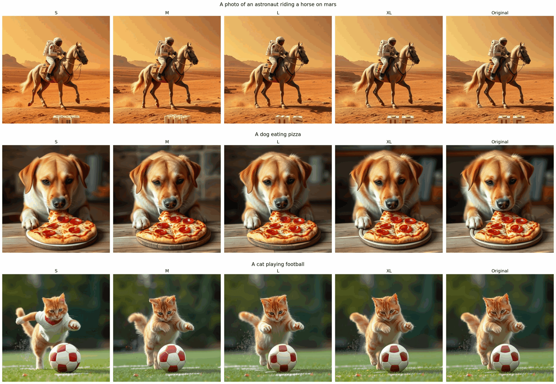 Grid of Flux.1-Schnell outputs at S, M, L, XL and original sizes for three prompts: an astronaut riding a horse on Mars, a dog eating pizza, and a cat playing football