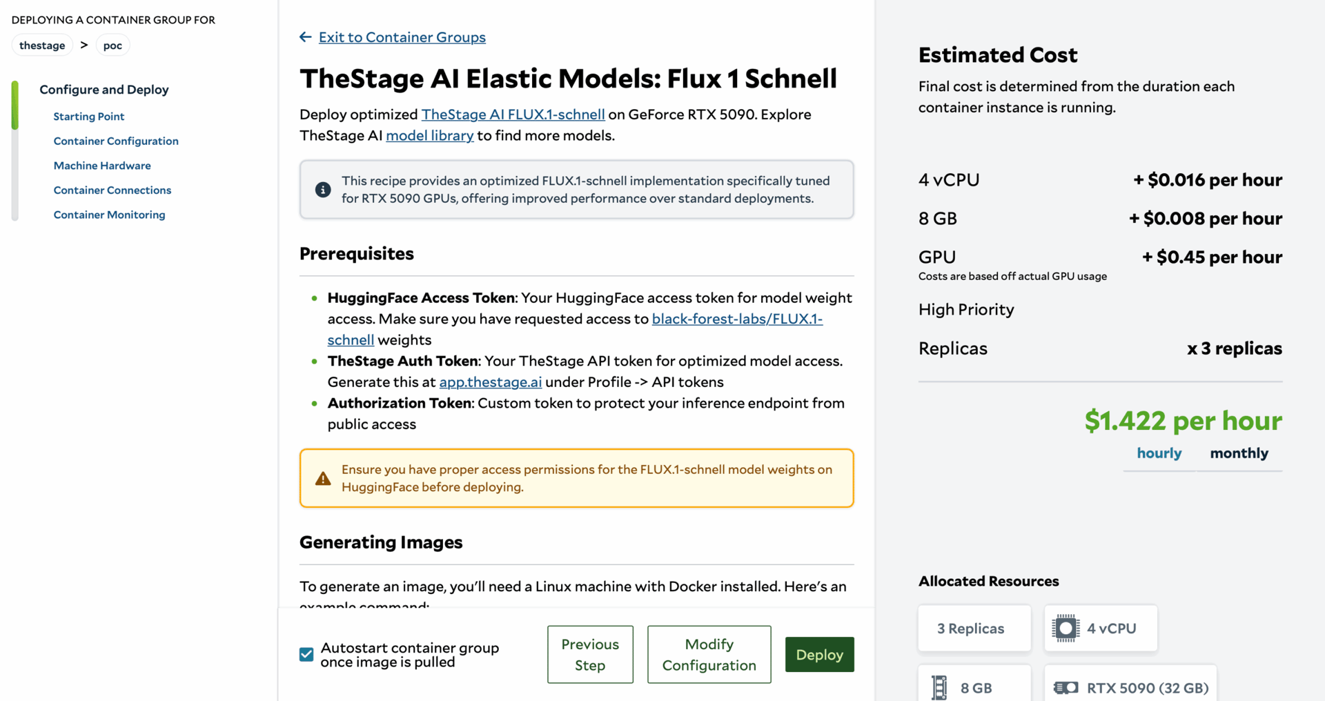SaladCloud portal review page for the Flux 1 Schnell recipe, listing token prerequisites and an estimated $1.422 per hour for 3 RTX 5090 replicas