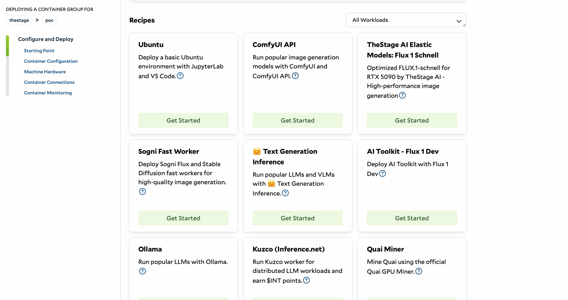 SaladCloud portal recipe list with the TheStage AI Elastic Models: Flux 1 Schnell recipe, optimized for the RTX 5090, alongside Ubuntu and ComfyUI API