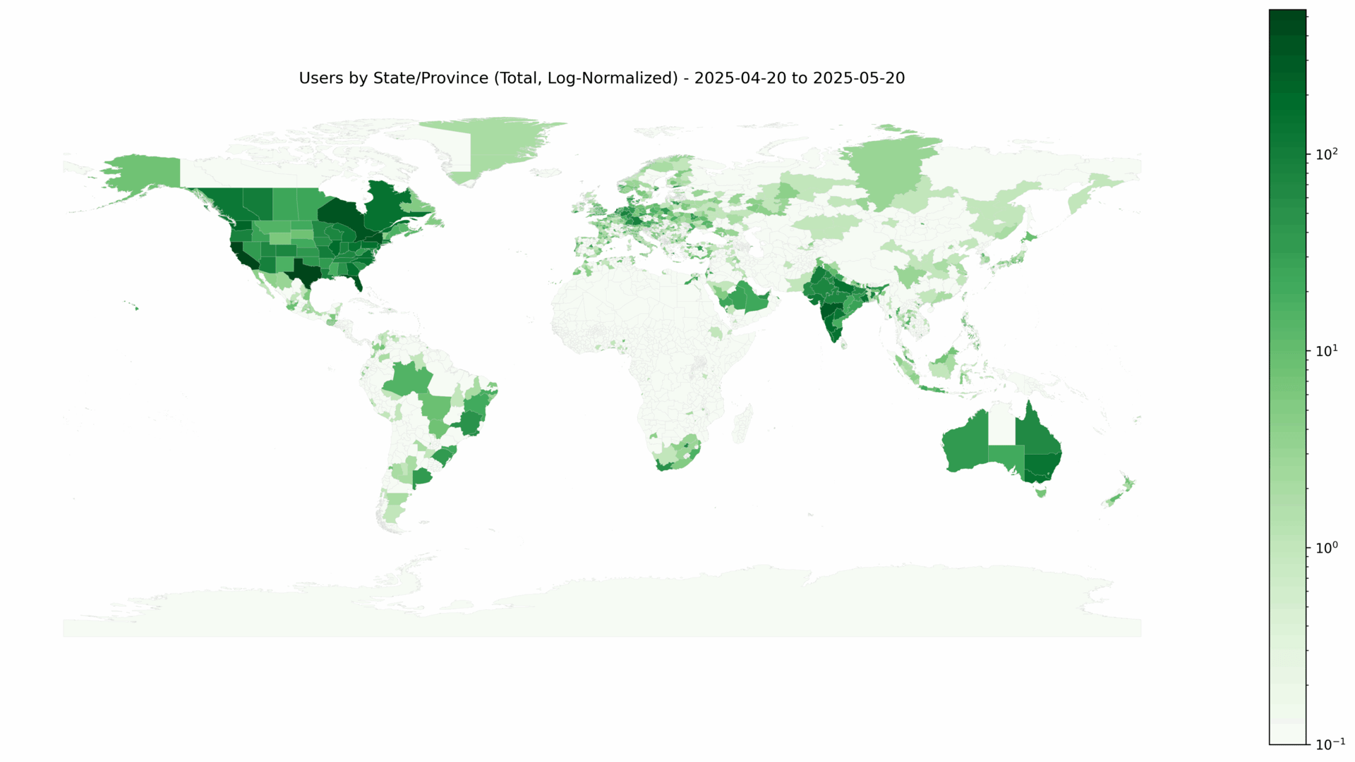 World map of SaladCloud users by state or province, April 20 to May 20, 2025, on a log scale; densest in the US, Canada, India, Europe, and eastern Australia