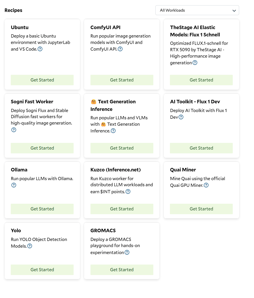 SaladCloud portal recipe list including Ubuntu, ComfyUI API, TheStage AI Flux 1 Schnell, Sogni Fast Worker, Text Generation Inference, AI Toolkit, Ollama, Kuzco, Quai Miner, Yolo and GROMACS
