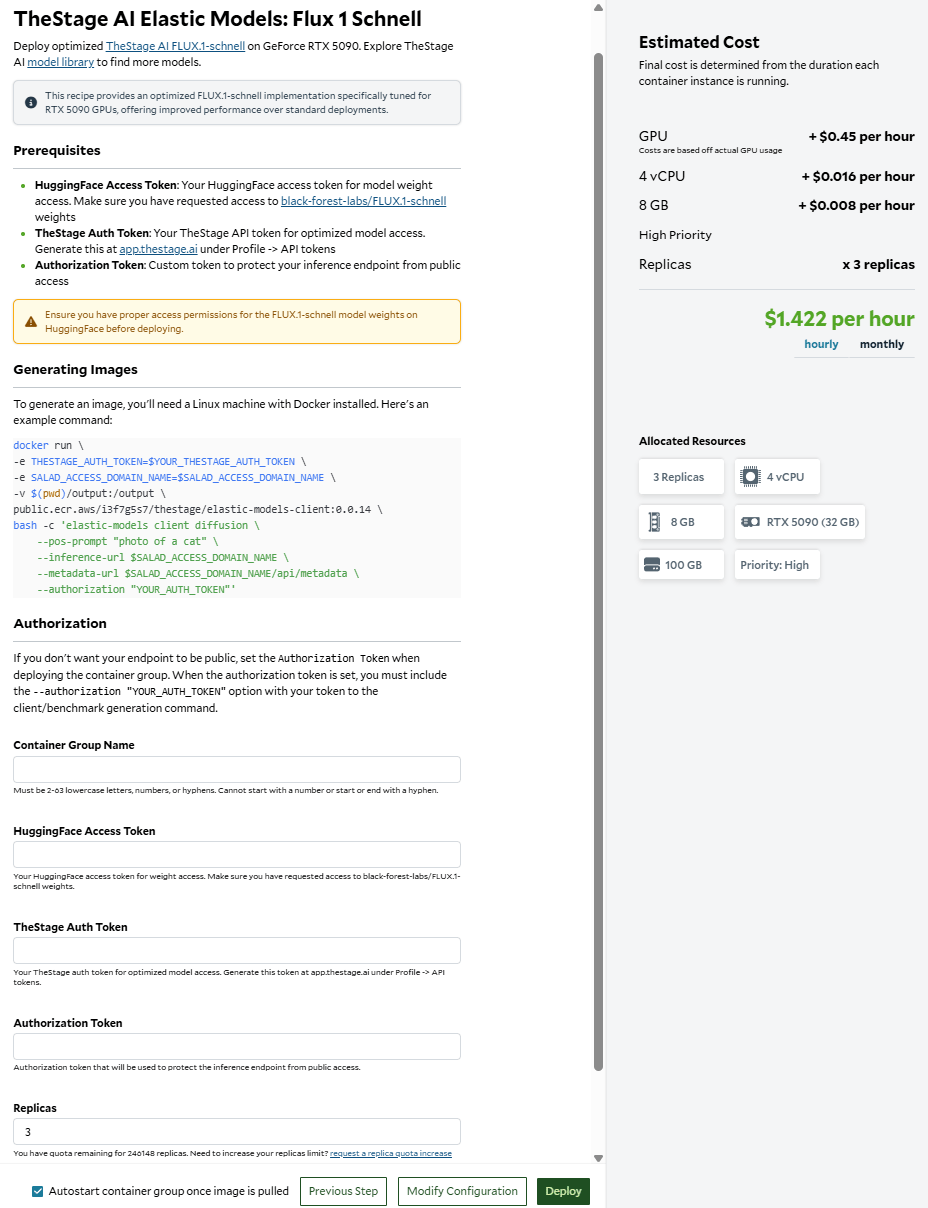 SaladCloud deploy page for the TheStage AI Flux 1 Schnell recipe: a readme with prerequisites and an example command, a configuration form for tokens and replicas, and an estimated cost of $1.422 per hour