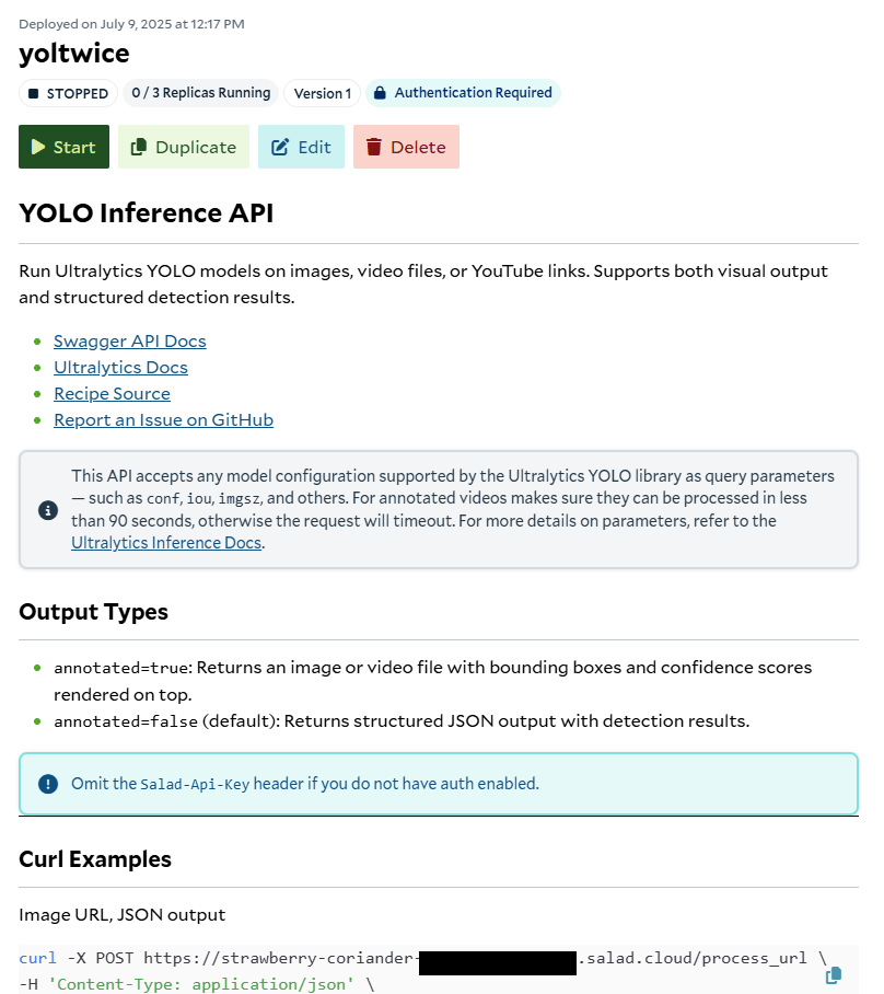 Deployed YOLO Inference API container group in the SaladCloud portal, showing its readme with doc links, output types and curl examples