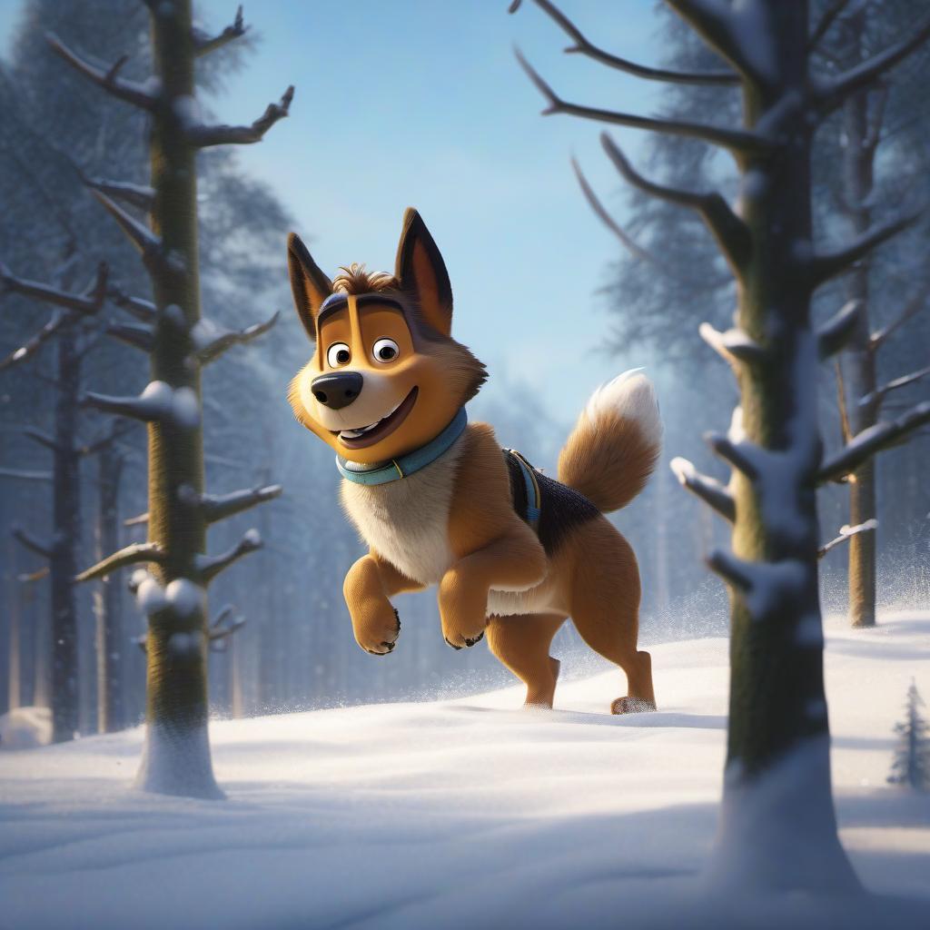 AI-generated input image: a cartoon-style dog with a blue collar bounding through a snowy forest