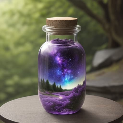 AI-generated input image: a corked glass jar holding a purple galaxy sky over a lavender field, on a round table in a forest