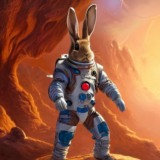 AI-generated input image: a rabbit in a white and blue spacesuit standing in a red rocky canyon