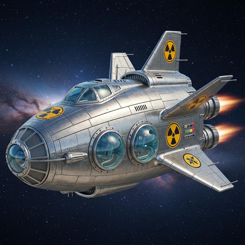 AI-generated input image: a riveted silver retro spaceship with porthole windows and yellow radiation symbols, flying through space