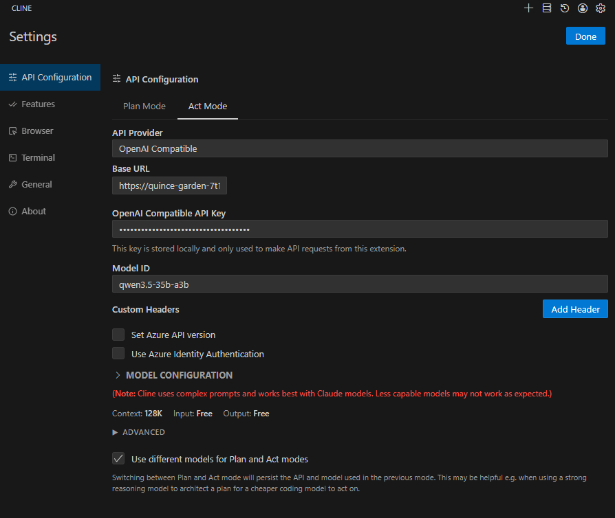 Cline API Configuration settings in Act Mode, with the OpenAI Compatible provider, a SaladCloud base URL, an API key, and model ID qwen3.5-35b-a3b