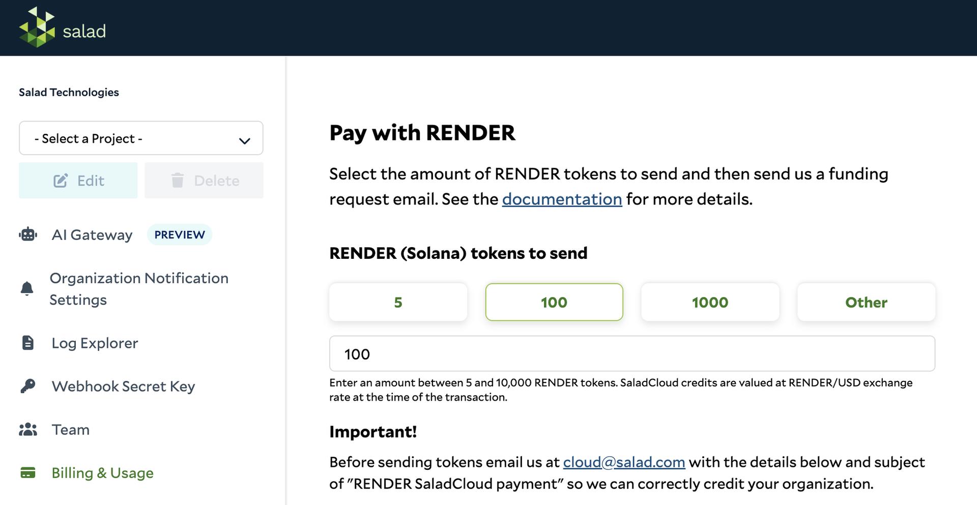 SaladCloud portal Billing & Usage page titled Pay with RENDER, with preset amounts of 5, 100, and 1000 RENDER (Solana) tokens and a note to email cloud@salad.com before sending