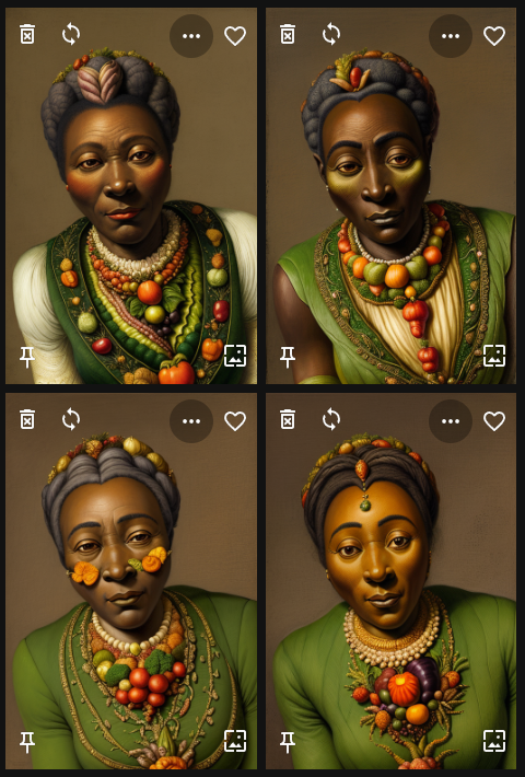 Detailed ((vegetable painting)) of an african aristocratic woman in the ((style of Vertumnus by Guiseppe Arcimboldo)) 