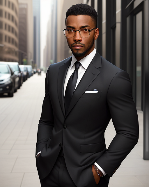 stunning photograph of a handsome black man in a business suit, portrait, city sidewalk background, shallow depth of field