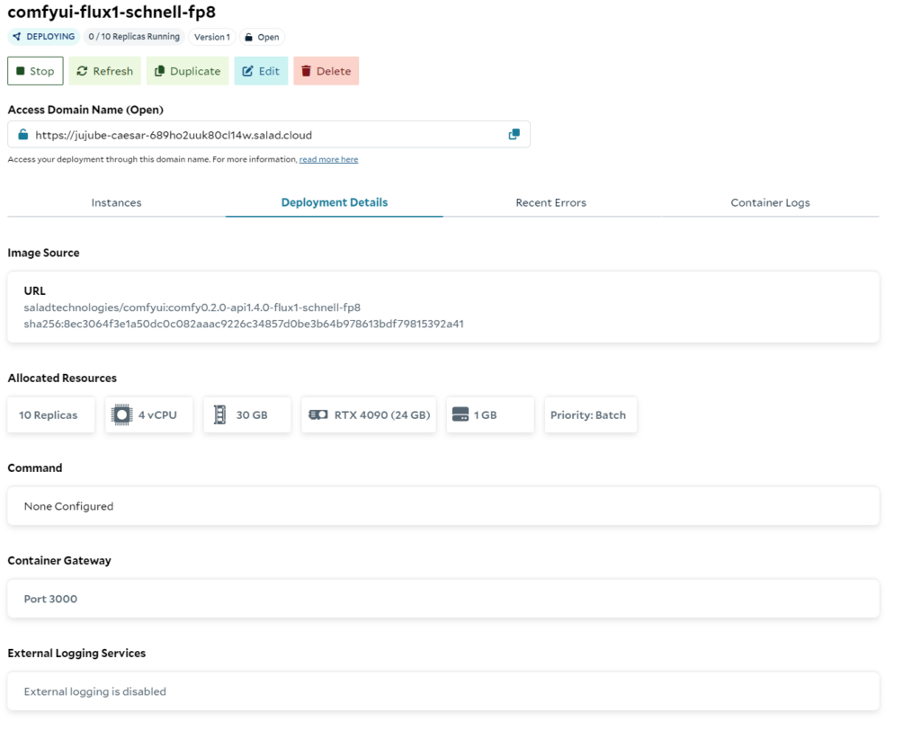 The SaladCloud container group interface for your deployed cluster.