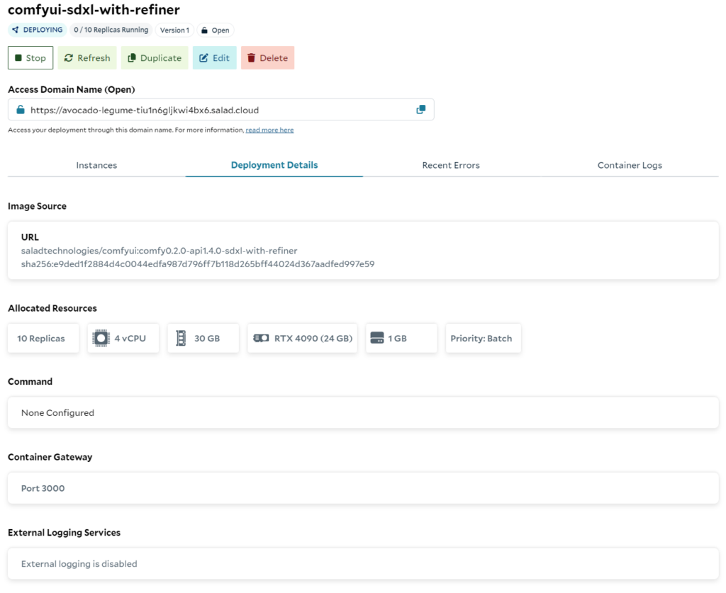 Waiting for our deployment in the SaladCloud portal