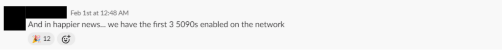 Internal slack announcement of the first RTX 5090s on SaladCloud network