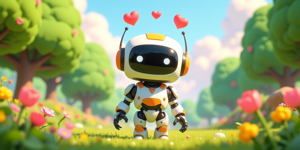 A cute little 3d animated robot stands in a garden