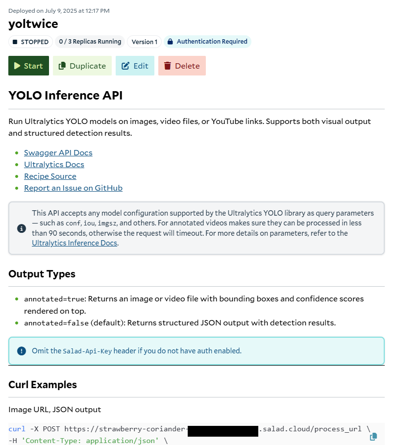 Yolo Inference API configuration on SaladCloud